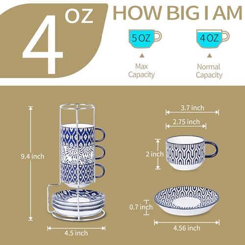 Selamica Ceramic Espresso Cups with Saucers and Metal Stand, 4 OZ Stackable Cappuccino Cups, Demitasse Cups for Latte Coffee Café Mocha Tea, Set of 4, Vintage Blue