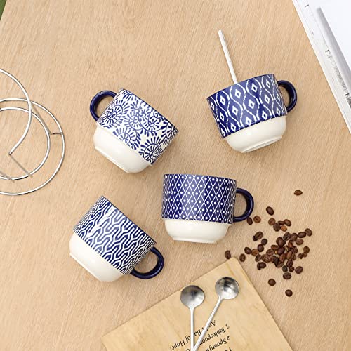 Selamica Ceramic Coffee Mugs Set of 4 with Stand and Spoons, 11 OZ Stackable Cappuccino Cups Perfect for Latte Mocha Tea, Vintage Blue