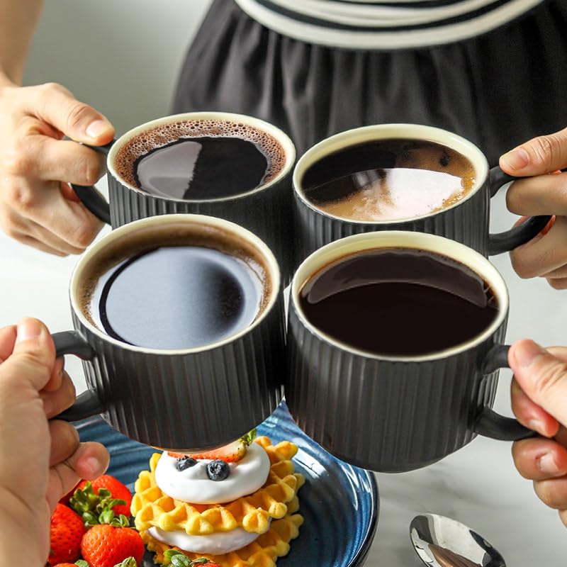 Hasense Coffee Cups Set of 4 with Stand, 15 OZ Ceramic Stackable Coffee Mugs with Handle for Tea, Cocoa, Cappuccino and Latte, Porcelain Vertical Stripe Coffee Cups for Men and Women, Matte Black