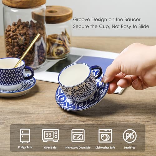 Selamica Ceramic Espresso Cups with Saucers and Metal Stand, 4 OZ Stackable Cappuccino Cups, Demitasse Cups for Latte Coffee Café Mocha Tea, Set of 4, Vintage Blue