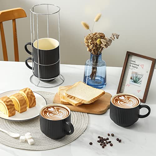Hasense Coffee Cups Set of 4 with Stand, 15 OZ Ceramic Stackable Coffee Mugs with Handle for Tea, Cocoa, Cappuccino and Latte, Porcelain Vertical Stripe Coffee Cups for Men and Women, Matte Black