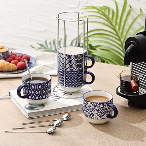 Selamica Ceramic Coffee Mugs Set of 4 with Stand and Spoons, 11 OZ Stackable Cappuccino Cups Perfect for Latte Mocha Tea, Vintage Blue