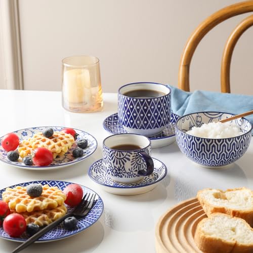 Selamica Ceramic Espresso Cups with Saucers and Metal Stand, 4 OZ Stackable Cappuccino Cups, Demitasse Cups for Latte Coffee Café Mocha Tea, Set of 4, Vintage Blue