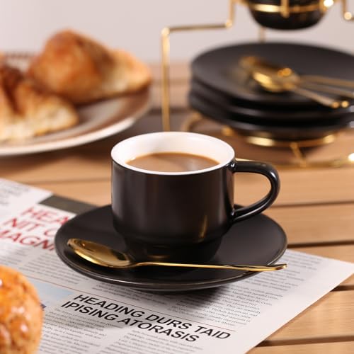 Lareina 4 Ounce Espresso Cups with Saucers, Spoons and Metal Stand, Small Stackable Coffee Cups Set of 4, Ceramic Demitasse Cups for Nespresso Lungo, Double Espresso, Black