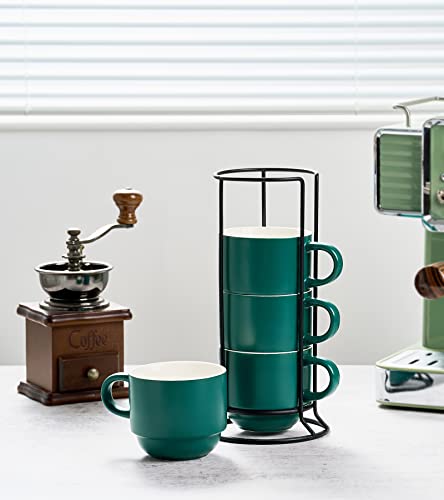 YHOSSEUN Porcelain Coffee Mug Set With Spoons and Metal Rack, 11 Ounces Stacking Cups, Perfect For Coffee Drinks, Latte, Cappuccino,Tea, Set of 4,Dark Green