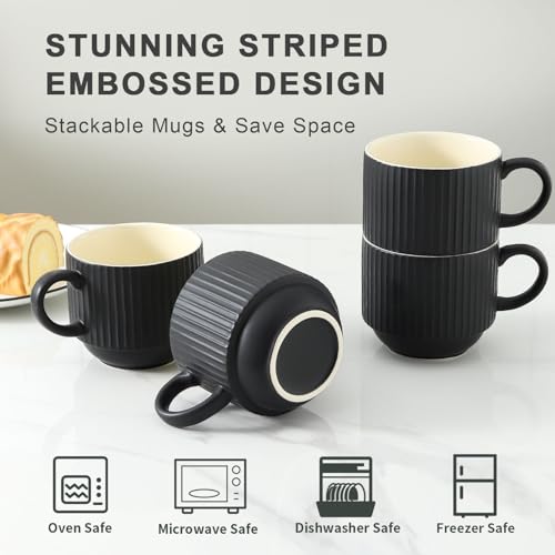 Hasense Coffee Cups Set of 4 with Stand, 15 OZ Ceramic Stackable Coffee Mugs with Handle for Tea, Cocoa, Cappuccino and Latte, Porcelain Vertical Stripe Coffee Cups for Men and Women, Matte Black