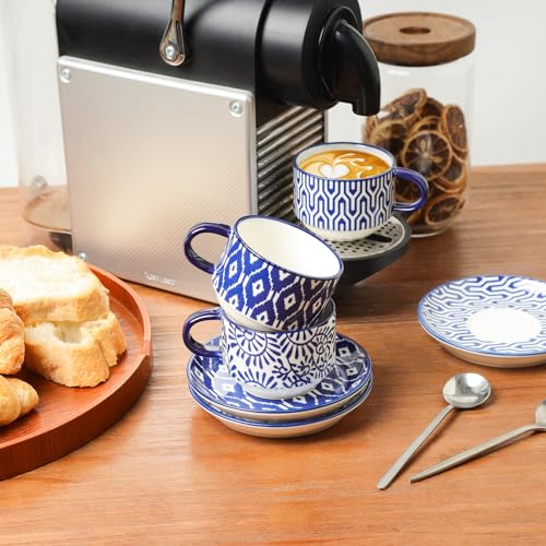 Selamica Ceramic Espresso Cups with Saucers and Metal Stand, 4 OZ Stackable Cappuccino Cups, Demitasse Cups for Latte Coffee Café Mocha Tea, Set of 4, Vintage Blue