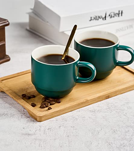YHOSSEUN Porcelain Coffee Mug Set With Spoons and Metal Rack, 11 Ounces Stacking Cups, Perfect For Coffee Drinks, Latte, Cappuccino,Tea, Set of 4,Dark Green
