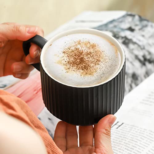 Hasense Coffee Cups Set of 4 with Stand, 15 OZ Ceramic Stackable Coffee Mugs with Handle for Tea, Cocoa, Cappuccino and Latte, Porcelain Vertical Stripe Coffee Cups for Men and Women, Matte Black