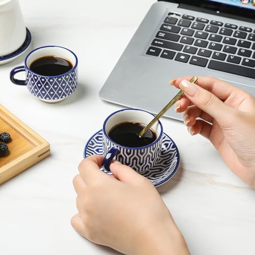 Selamica Ceramic Espresso Cups with Saucers and Metal Stand, 4 OZ Stackable Cappuccino Cups, Demitasse Cups for Latte Coffee Café Mocha Tea, Set of 4, Vintage Blue