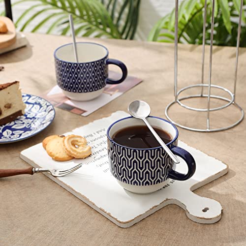 Selamica Ceramic Coffee Mugs Set of 4 with Stand and Spoons, 11 OZ Stackable Cappuccino Cups Perfect for Latte Mocha Tea, Vintage Blue