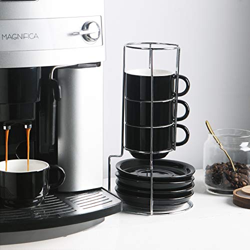 Sweejar Porcelain Cappuccino Cups with Saucers and Metal Stand, 8 Ounce Stackable Espresso Cups for Specialty Coffee Drinks, Latte, Americano, Tea - Set of 4 (Black)