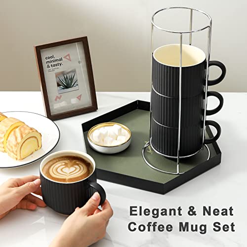Hasense Coffee Cups Set of 4 with Stand, 15 OZ Ceramic Stackable Coffee Mugs with Handle for Tea, Cocoa, Cappuccino and Latte, Porcelain Vertical Stripe Coffee Cups for Men and Women, Matte Black