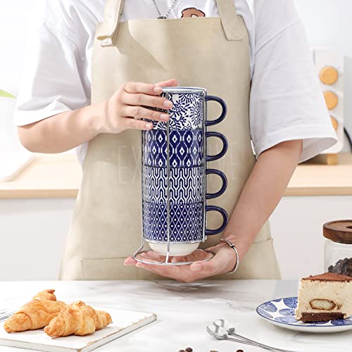 Selamica Ceramic Coffee Mugs Set of 4 with Stand and Spoons, 11 OZ Stackable Cappuccino Cups Perfect for Latte Mocha Tea, Vintage Blue