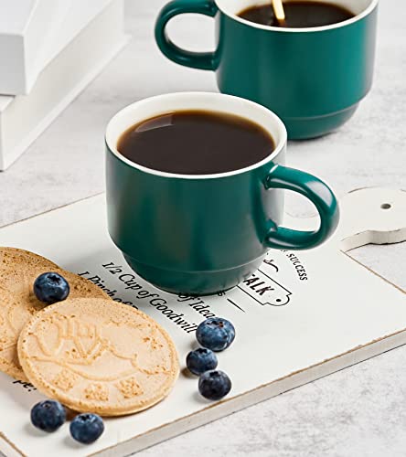 YHOSSEUN Porcelain Coffee Mug Set With Spoons and Metal Rack, 11 Ounces Stacking Cups, Perfect For Coffee Drinks, Latte, Cappuccino,Tea, Set of 4,Dark Green