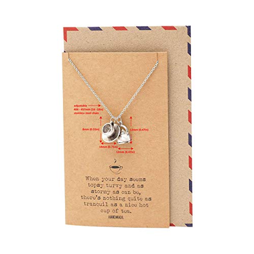 quan jewelry Teacup Teapot Charm, Tea Quotes Jewelry Gifts for Tea Lovers for Women with Inspirational Greeting Card (Teacup Teapot Necklace)