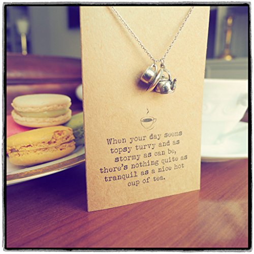 quan jewelry Teacup Teapot Charm, Tea Quotes Jewelry Gifts for Tea Lovers for Women with Inspirational Greeting Card (Teacup Teapot Necklace)