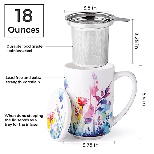 AmorArc Porcelain Tea Mug with Infuser and Lids, 18 Oz Tea Cup Strainer with Tea Bag Holder for Loose Leaf Tea, Tea Steeping Coffee Mug for House-warming Wedding Birthday Gift