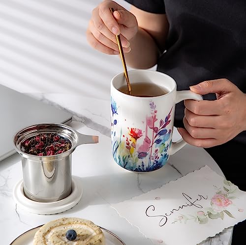 AmorArc Porcelain Tea Mug with Infuser and Lids, 18 Oz Tea Cup Strainer with Tea Bag Holder for Loose Leaf Tea, Tea Steeping Coffee Mug for House-warming Wedding Birthday Gift