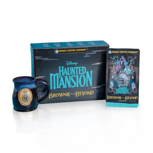 Bones Coffee Company Brownie From Beyond Collector's Box Ground Coffee Beans | Hand-thrown mug featuring Gracey Manor and 12 oz Caramel Brownie Flavor Inspired by Disney's Haunted Mansion (Ground)