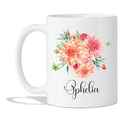 Dahlia Flower Coffee Mug Gifts For Women Girls, Novelty Dahlia White Ceramic Mug, Custom Gardeners Pottery Cup Presents, Personalized Dahlia Grower Porcelain Cup 11oz 15oz, Nature Lover Gift Idea
