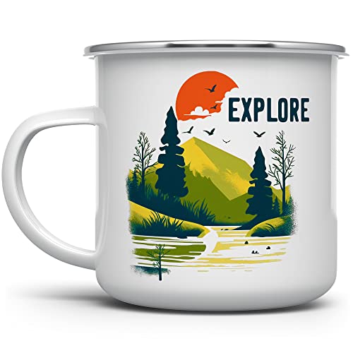 Explore Nature Travel Lover Campfire Coffee Mug, Outdoor Adventure Enthusiast Camping Cup, Mountains Wildlife Hiking Camp Gift (12oz)