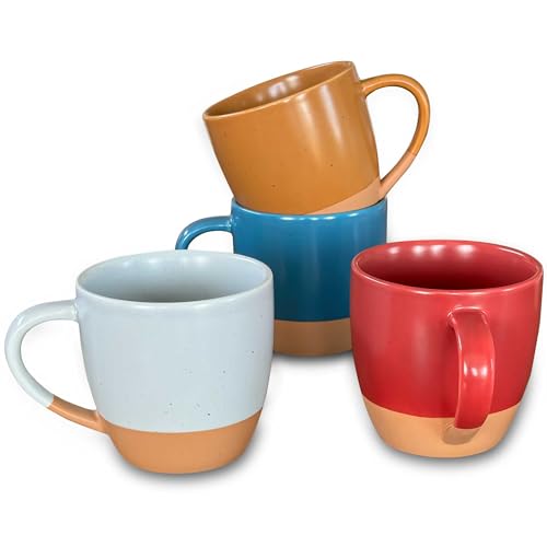 Mora Ceramic Artisan Matte Large Latte Mug Set of 4, 16oz - Microwavable, Porcelain Coffee Cups With Big Handle - Modern, Boho, Unique Style For Any Kitchen. Microwave Safe Stoneware - Marina Colors