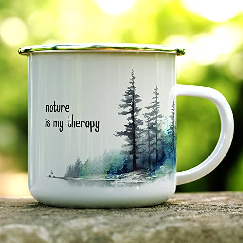 Nature is My Therapy Enamel Campfire Coffee Mug, Outdoor Lover Camping Cup, Mountains Forrest Wildlife Hiking Camp Adventure Gift (12oz)