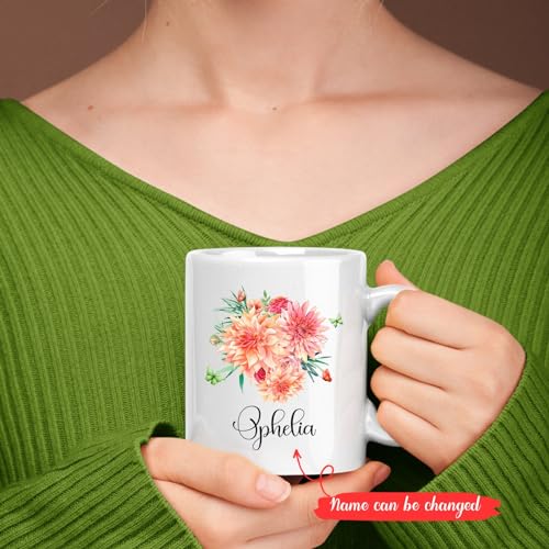 Dahlia Flower Coffee Mug Gifts For Women Girls, Novelty Dahlia White Ceramic Mug, Custom Gardeners Pottery Cup Presents, Personalized Dahlia Grower Porcelain Cup 11oz 15oz, Nature Lover Gift Idea