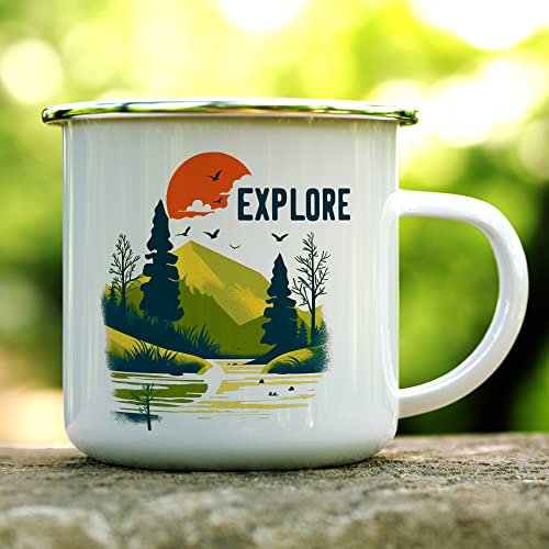 Explore Nature Travel Lover Campfire Coffee Mug, Outdoor Adventure Enthusiast Camping Cup, Mountains Wildlife Hiking Camp Gift (12oz)