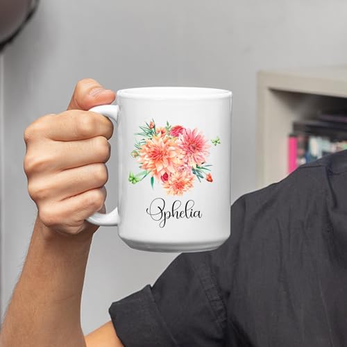 Dahlia Flower Coffee Mug Gifts For Women Girls, Novelty Dahlia White Ceramic Mug, Custom Gardeners Pottery Cup Presents, Personalized Dahlia Grower Porcelain Cup 11oz 15oz, Nature Lover Gift Idea