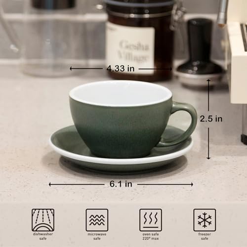Loveramics Matt Cappuccino Cups, 10 oz Ceramic Latte Art Mug with Saucer, Thick-walled stoneware cup Set, Barista Latte Cup Set for Latte, Cappuccino, Tea - Mineral Colors (Forest, 10OZ)