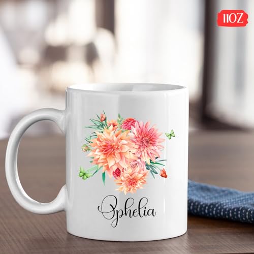 Dahlia Flower Coffee Mug Gifts For Women Girls, Novelty Dahlia White Ceramic Mug, Custom Gardeners Pottery Cup Presents, Personalized Dahlia Grower Porcelain Cup 11oz 15oz, Nature Lover Gift Idea