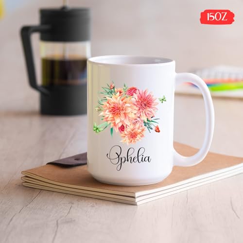 Dahlia Flower Coffee Mug Gifts For Women Girls, Novelty Dahlia White Ceramic Mug, Custom Gardeners Pottery Cup Presents, Personalized Dahlia Grower Porcelain Cup 11oz 15oz, Nature Lover Gift Idea