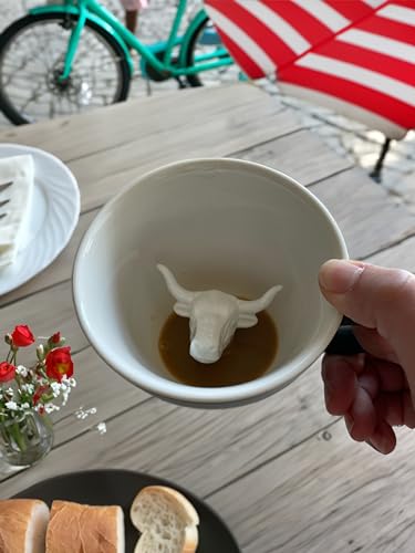 Creature Cups BULL Ceramic Cup (11 Ounce, Matte Olive Brown Exterior) - Hidden 3D Animal Inside Mug - Birthday, Holiday, Housewarming Drinkware Gift for Cattle, Longhorn, Coffee & Tea Lovers
