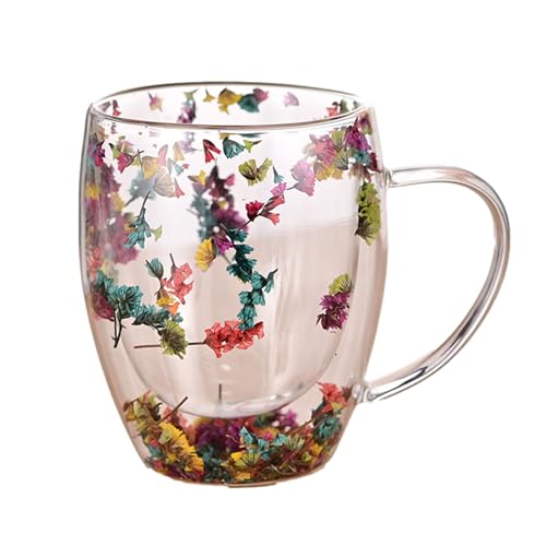 camyu Clear Coffee Mug, 350ml Double Wall Insulated Glasses, Artistic Glass Espresso Cup, Anti-Scald Glass Coffee Mug, Thick Expresso Coffee Cups With Dried Flowers For Hot Beverages Cappuccino Tea