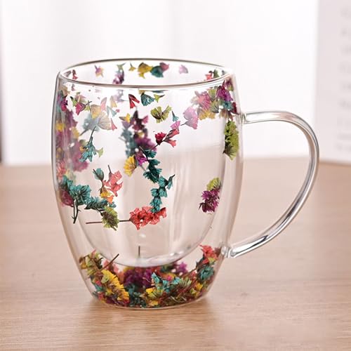 camyu Clear Coffee Mug, 350ml Double Wall Insulated Glasses, Artistic Glass Espresso Cup, Anti-Scald Glass Coffee Mug, Thick Expresso Coffee Cups With Dried Flowers For Hot Beverages Cappuccino Tea