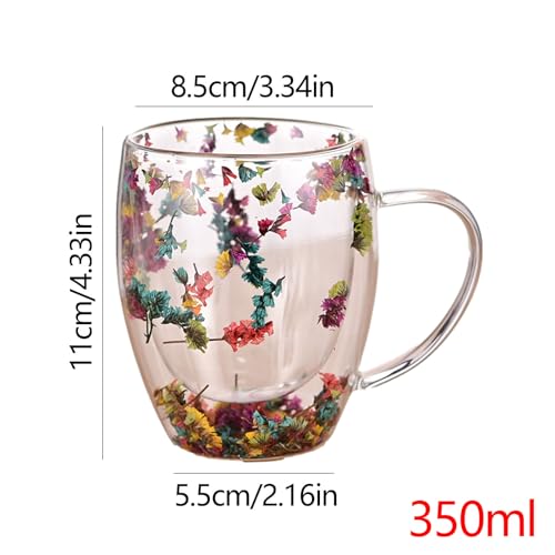 camyu Clear Coffee Mug, 350ml Double Wall Insulated Glasses, Artistic Glass Espresso Cup, Anti-Scald Glass Coffee Mug, Thick Expresso Coffee Cups With Dried Flowers For Hot Beverages Cappuccino Tea