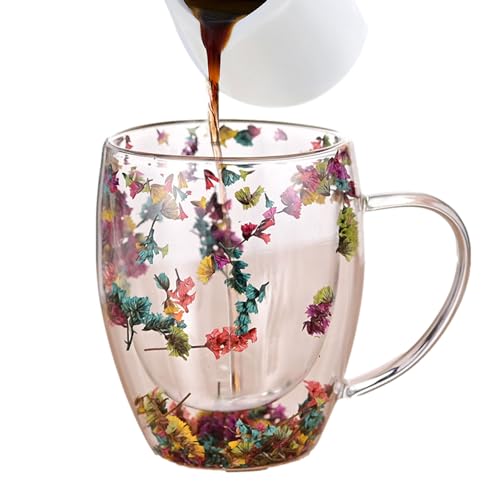 camyu Clear Coffee Mug, 350ml Double Wall Insulated Glasses, Artistic Glass Espresso Cup, Anti-Scald Glass Coffee Mug, Thick Expresso Coffee Cups With Dried Flowers For Hot Beverages Cappuccino Tea
