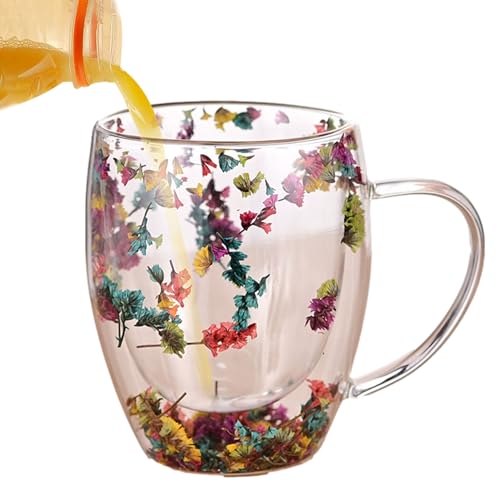 camyu Clear Coffee Mug, 350ml Double Wall Insulated Glasses, Artistic Glass Espresso Cup, Anti-Scald Glass Coffee Mug, Thick Expresso Coffee Cups With Dried Flowers For Hot Beverages Cappuccino Tea