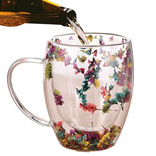 camyu Clear Coffee Mug, 350ml Double Wall Insulated Glasses, Artistic Glass Espresso Cup, Anti-Scald Glass Coffee Mug, Thick Expresso Coffee Cups With Dried Flowers For Hot Beverages Cappuccino Tea