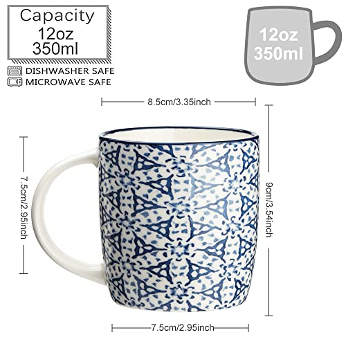 MACHUMA Set of 4 12 oz Coffee Mugs with Blue and White Geometric Patterns, Ceramic Tea Cup Set, Gift for Friends (Set 1)
