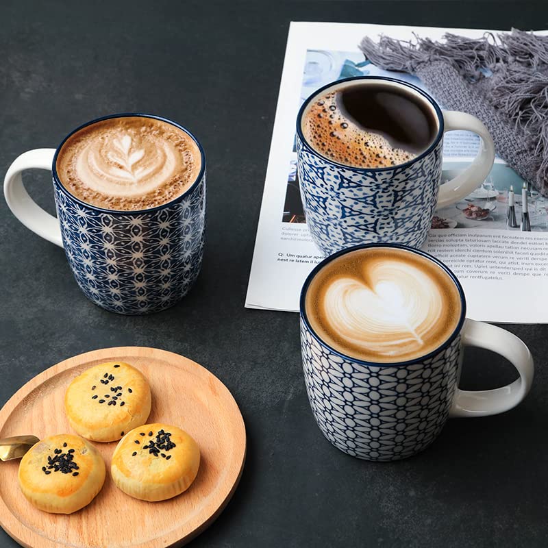 MACHUMA Set of 4 12 oz Coffee Mugs with Blue and White Geometric Patterns, Ceramic Tea Cup Set, Gift for Friends (Set 1)