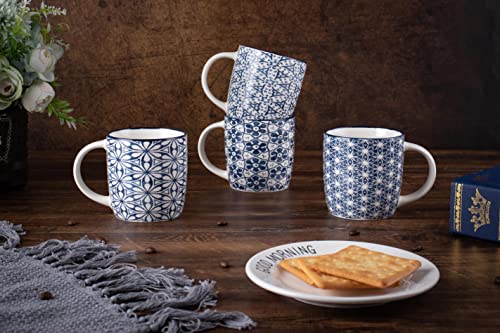 MACHUMA Set of 4 12 oz Coffee Mugs with Blue and White Geometric Patterns, Ceramic Tea Cup Set, Gift for Friends (Set 1)