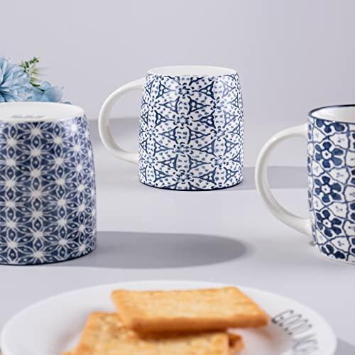 MACHUMA Set of 4 12 oz Coffee Mugs with Blue and White Geometric Patterns, Ceramic Tea Cup Set, Gift for Friends (Set 1)