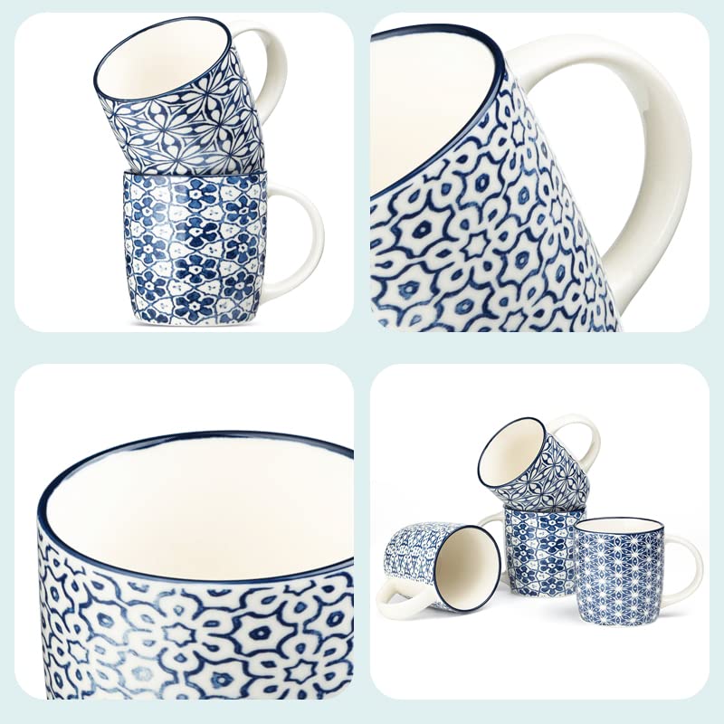 MACHUMA Set of 4 12 oz Coffee Mugs with Blue and White Geometric Patterns, Ceramic Tea Cup Set, Gift for Friends (Set 1)