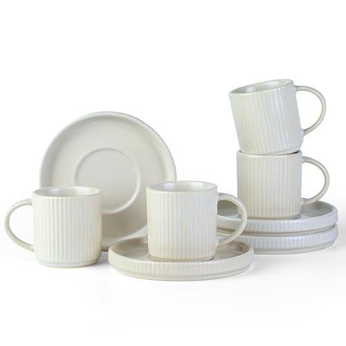 famiware Star Espresso Cups and Saucers Set of 4, 3 oz Ceramic Small Coffee Mug with Handle, Ribbed Stoneware Demitasse Cup for Cappuccino, Tea, Latte - Microwave & Dishwasher Safe - Matte White