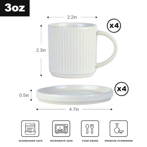 famiware Star Espresso Cups and Saucers Set of 4, 3 oz Ceramic Small Coffee Mug with Handle, Ribbed Stoneware Demitasse Cup for Cappuccino, Tea, Latte - Microwave & Dishwasher Safe - Matte White