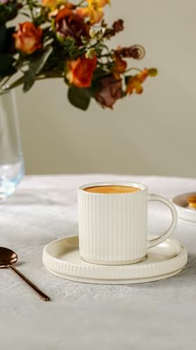 famiware Star Espresso Cups and Saucers Set of 4, 3 oz Ceramic Small Coffee Mug with Handle, Ribbed Stoneware Demitasse Cup for Cappuccino, Tea, Latte - Microwave & Dishwasher Safe - Matte White