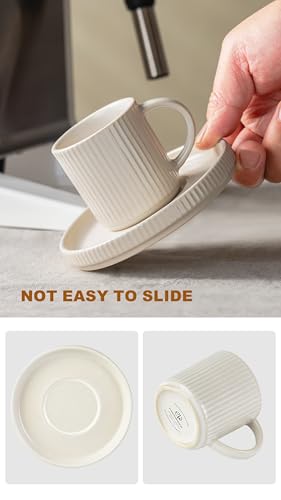 famiware Star Espresso Cups and Saucers Set of 4, 3 oz Ceramic Small Coffee Mug with Handle, Ribbed Stoneware Demitasse Cup for Cappuccino, Tea, Latte - Microwave & Dishwasher Safe - Matte White